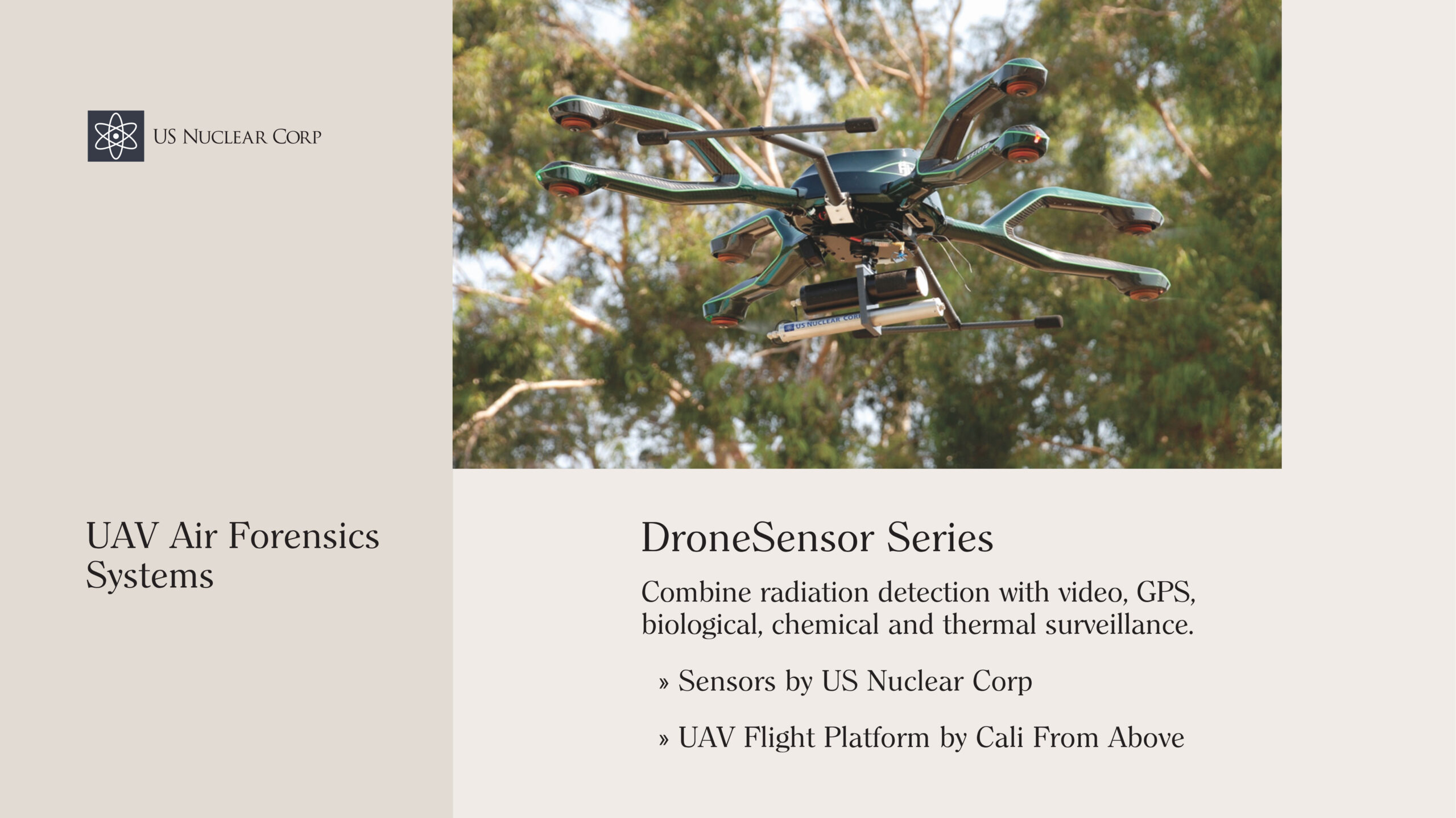 DroneSensor Series Combine radiation detection with video, GPS, biological, chemical, and thermal surveillance.